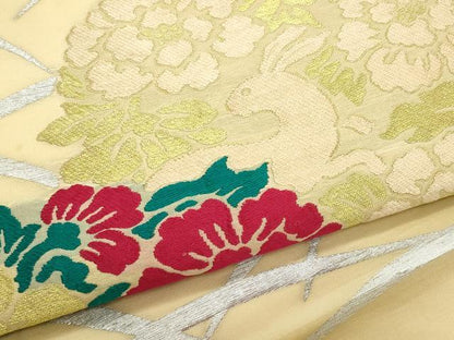 平和屋着物＊夏物　九寸名古屋帯　芝草跳兎草花文　金銀糸　正絹　逸品　CABL2400fb