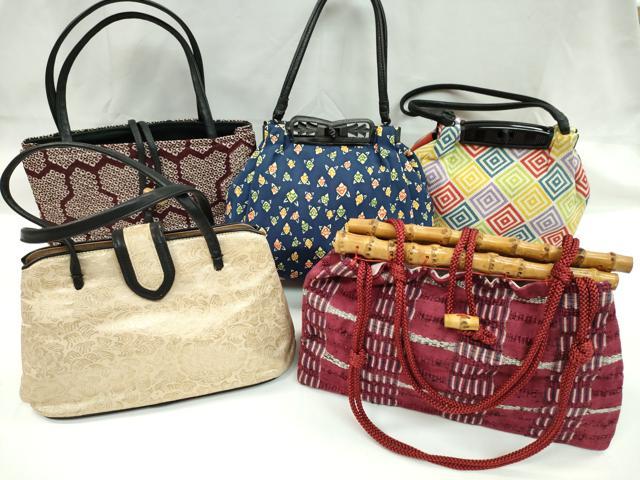 平和屋着物▼和装小物　和装バッグまとめて５点　ハンドバッグ　花　毘沙門亀甲　入子菱　バンブー　紬地　金糸　逸品　CABL2424ju