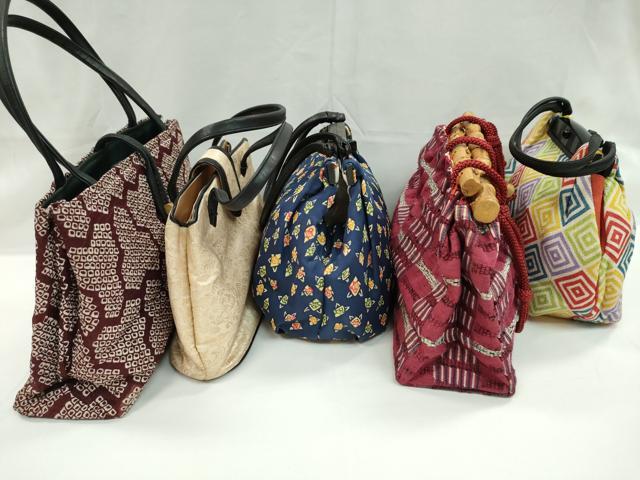 平和屋着物▼和装小物　和装バッグまとめて５点　ハンドバッグ　花　毘沙門亀甲　入子菱　バンブー　紬地　金糸　逸品　CABL2424ju