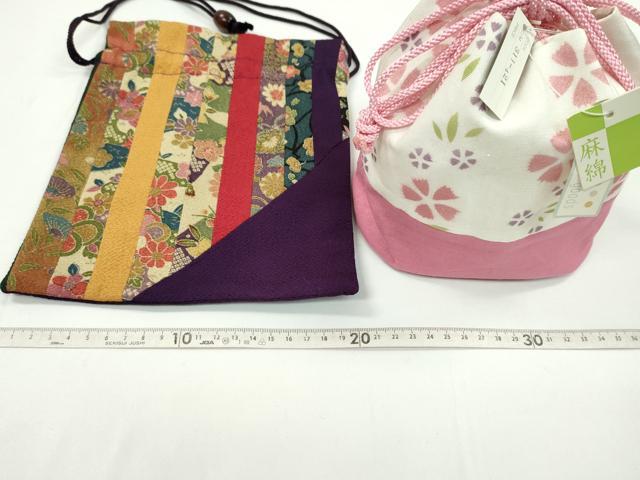 平和屋着物▼和装小物　和装バッグ　巾着まとめて５点　舞桜　縮緬　綿麻　金彩　浴衣　袴　未使用あり　逸品　CABL2425ju