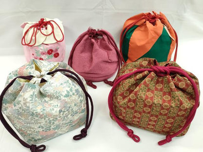 平和屋着物▼和装小物　和装バッグ　巾着まとめて５点　刺繍　鳳凰草花文　今様色　縮緬　綿　浴衣　未使用多数　逸品　CABL2429ju