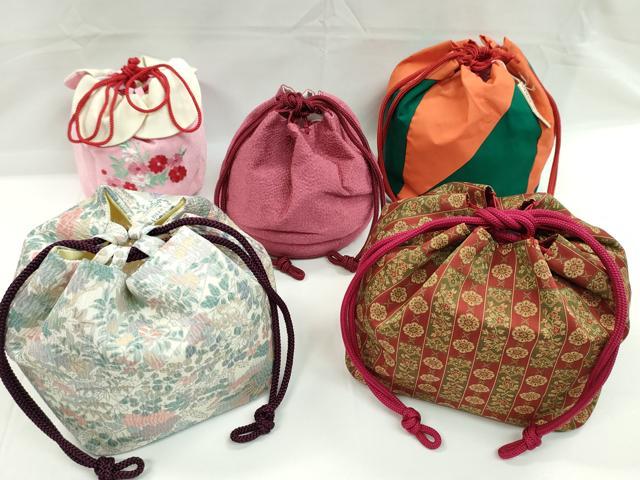 平和屋着物▼和装小物　和装バッグ　巾着まとめて５点　刺繍　鳳凰草花文　今様色　縮緬　綿　浴衣　未使用多数　逸品　CABL2429ju