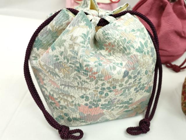 平和屋着物▼和装小物　和装バッグ　巾着まとめて５点　刺繍　鳳凰草花文　今様色　縮緬　綿　浴衣　未使用多数　逸品　CABL2429ju