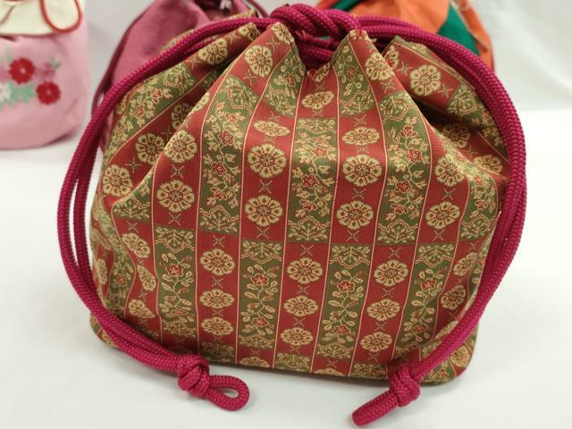 平和屋着物▼和装小物　和装バッグ　巾着まとめて５点　刺繍　鳳凰草花文　今様色　縮緬　綿　浴衣　未使用多数　逸品　CABL2429ju