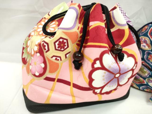 平和屋着物▼和装小物　和装バッグ　巾着まとめて５点　吉祥花文　モダン　縮緬　紬地　金彩　浴衣　袴　逸品　CABL2430ju
