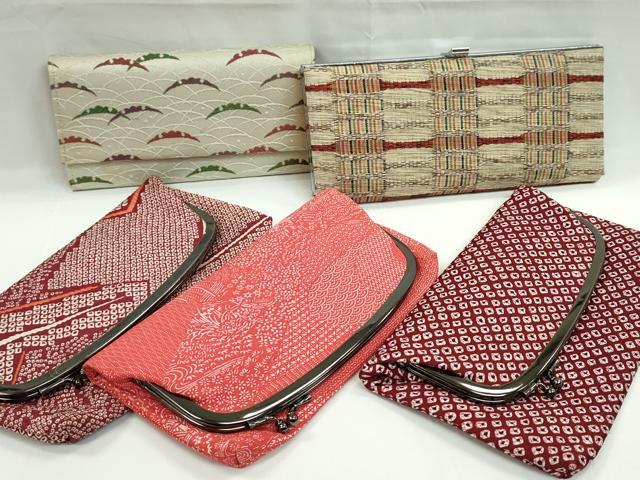 平和屋着物▼和装小物　和装バッグ・長財布まとめて５点　ハンドバッグ　めがね織　露芝　風景花文　二つ折り　がま口　逸品　CABL2522ju