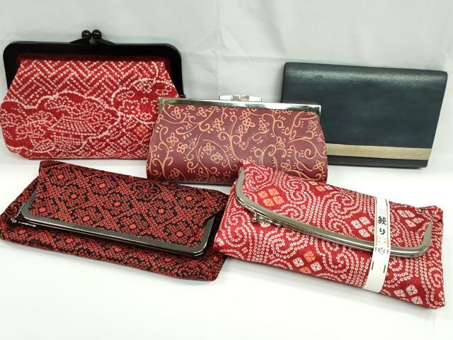 平和屋着物▼和装小物　和装バッグまとめて５点　ハンドバッグ　絞り　本皮　唐草花文　がま口　クラッチ　未使用あり　逸品　CABL2525ju