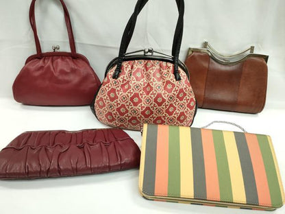 平和屋着物▼和装小物　和装バッグ・長財布まとめて５点　ハンドバッグ　吉祥花文　縞　茶　臙脂色　逸品　CABL2527ju