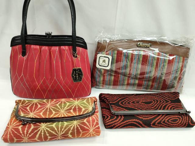 平和屋着物▼和装小物　和装バッグまとめて４点　ハンドバッグ　京友禅染　本革　麻の葉　紬地　二つ折り　未使用あり　逸品　CABL2528ju
