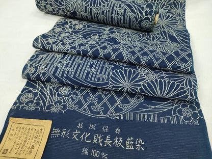 平和屋着物＊夏物　浴衣　反物　綿絽　無形文化財長板正藍染　籬松竹梅花文　着尺　逸品　未使用　CABL2555ju
