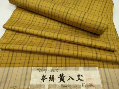 平和屋着物●本場黄八丈　綾織　紬　反物　格子柄　証紙付き　着尺　逸品　未使用　CABL2580ju