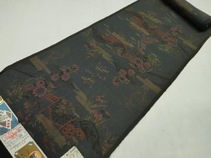 平和屋着物●本場大島紬　反物　7マルキ　古代染色　純泥染　エ霞風景花文　肥後利一作　証紙付き　着尺　逸品　未使用　CABL2583ju