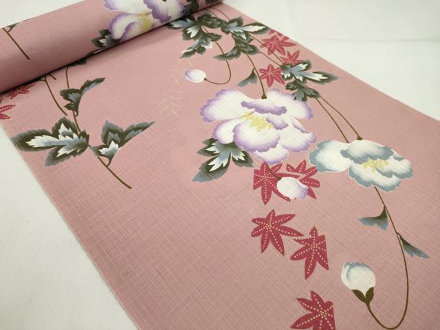 平和屋着物＊夏物　浴衣　反物　枝花楓文　綿　着尺　逸品　未使用　CABL2588ju