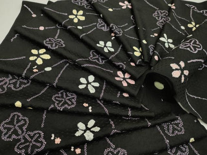平和屋着物●小紋　反物　絞り　刺繍　舞花文　黒地　着尺　逸品　未使用　CABL2629ju