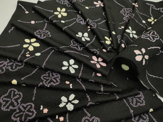 平和屋着物●小紋　反物　絞り　刺繍　舞花文　黒地　着尺　逸品　未使用　CABL2629ju