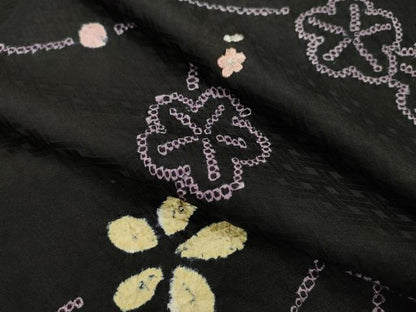 平和屋着物●小紋　反物　絞り　刺繍　舞花文　黒地　着尺　逸品　未使用　CABL2629ju
