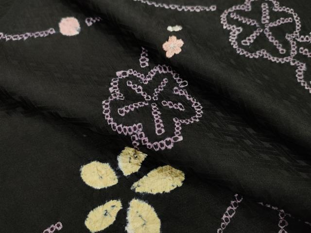 平和屋着物●小紋　反物　絞り　刺繍　舞花文　黒地　着尺　逸品　未使用　CABL2629ju