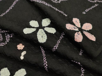 平和屋着物●小紋　反物　絞り　刺繍　舞花文　黒地　着尺　逸品　未使用　CABL2629ju