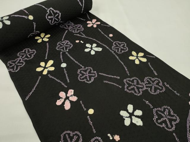平和屋着物●小紋　反物　絞り　刺繍　舞花文　黒地　着尺　逸品　未使用　CABL2629ju