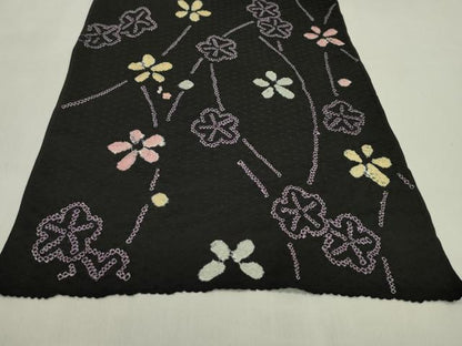 平和屋着物●小紋　反物　絞り　刺繍　舞花文　黒地　着尺　逸品　未使用　CABL2629ju
