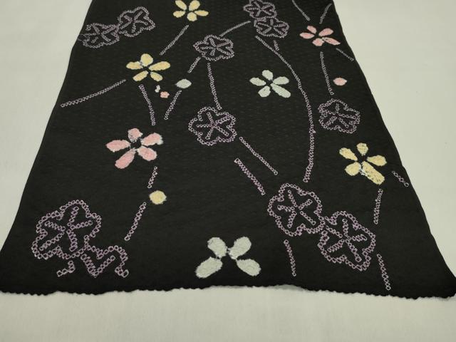 平和屋着物●小紋　反物　絞り　刺繍　舞花文　黒地　着尺　逸品　未使用　CABL2629ju
