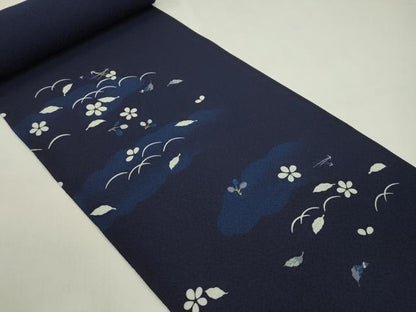 平和屋着物●付下げ　解き反物　刺繍　阿波藍　天然灰汁建　芝草舞葉花文　鉄紺色　金糸　着尺　逸品　CABL2634ju