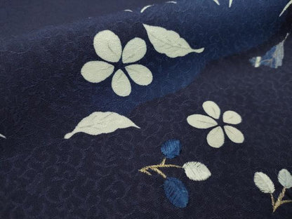 平和屋着物●付下げ　解き反物　刺繍　阿波藍　天然灰汁建　芝草舞葉花文　鉄紺色　金糸　着尺　逸品　CABL2634ju