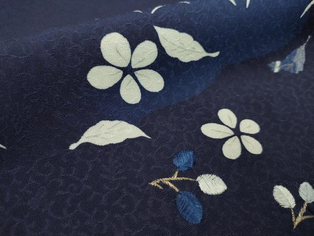 平和屋着物●付下げ　解き反物　刺繍　阿波藍　天然灰汁建　芝草舞葉花文　鉄紺色　金糸　着尺　逸品　CABL2634ju