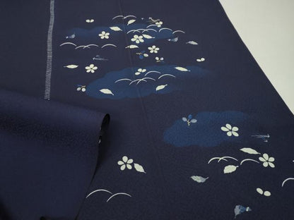 平和屋着物●付下げ　解き反物　刺繍　阿波藍　天然灰汁建　芝草舞葉花文　鉄紺色　金糸　着尺　逸品　CABL2634ju