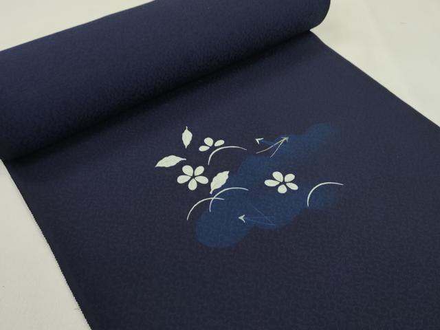 平和屋着物●付下げ　解き反物　刺繍　阿波藍　天然灰汁建　芝草舞葉花文　鉄紺色　金糸　着尺　逸品　CABL2634ju