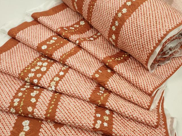 平和屋着物●小紋　解き反物　総絞り　刺繍　楓花文　金糸　着尺　逸品　CABL2653ju