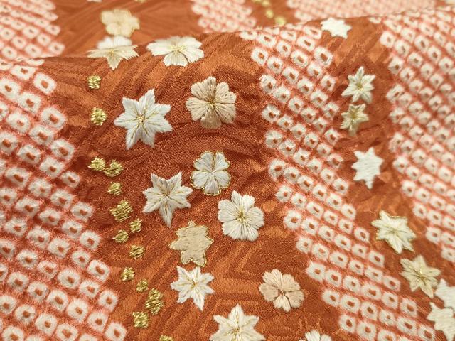 平和屋着物●小紋　解き反物　総絞り　刺繍　楓花文　金糸　着尺　逸品　CABL2653ju