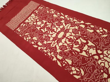 平和屋着物▼和装小物　インテリア　南部古代型染　卓布２枚セット　唐草花文　観音菩薩　テーブルセンター　綿　逸品　未使用　CABL2746ju