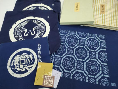 平和屋着物▼和装小物　南部古代型染４点セット　バッグ 卓布 テーブルセンター　南部駒曳銭　双鶴　正藍　綿　未使用あり　逸品CABL2747ju