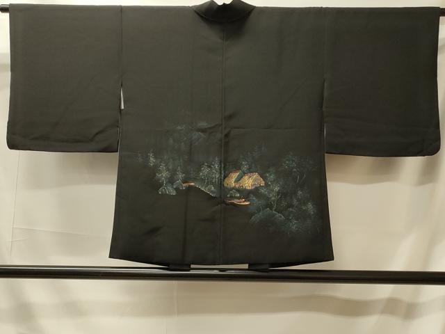 平和屋着物＃羽織 寿光織 風景文 黒地 金糸 正絹 逸品 CABL2804in