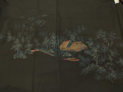平和屋着物＃羽織 寿光織 風景文 黒地 金糸 正絹 逸品 CABL2804in
