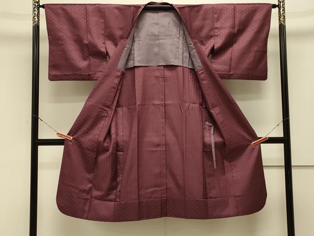 平和屋着物＃道行コート　雨コート　色無地　単衣　亀甲地紋　紫鳶色　ロング丈　正絹　逸品　CABL2842in