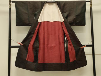 平和屋着物＃道行コート　雨コート　単衣　立涌文　黒地　ロング丈　正絹　逸品　CABL2866in