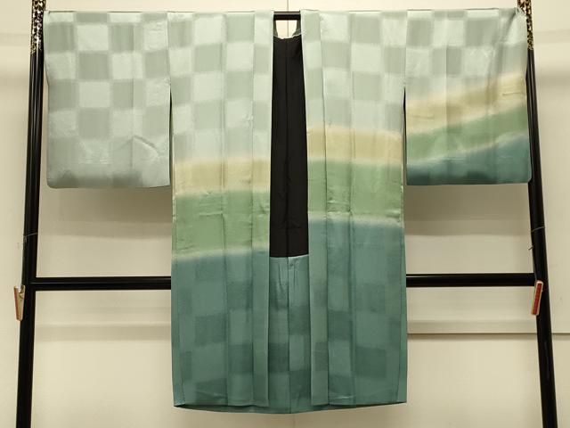 平和屋着物＃長羽織 市松地紋 暈し染め 正絹 逸品 CABL2880in