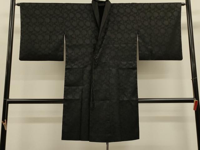 平和屋着物＃道中着　袷　リバーシブル　牡丹唐草紋紗　黒地　ロング丈　正絹　逸品　CABL2895in