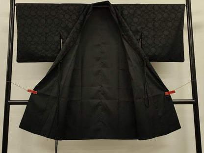 平和屋着物＃道中着　袷　リバーシブル　牡丹唐草紋紗　黒地　ロング丈　正絹　逸品　CABL2895in