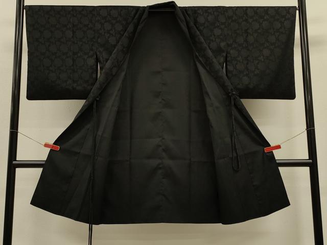 平和屋着物＃道中着　袷　リバーシブル　牡丹唐草紋紗　黒地　ロング丈　正絹　逸品　CABL2895in