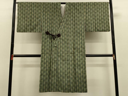 平和屋着物＃道中着　紬地　格子　ロング丈　正絹　逸品　CABL2900in