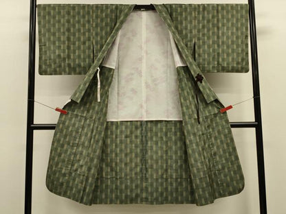 平和屋着物＃道中着　紬地　格子　ロング丈　正絹　逸品　CABL2900in