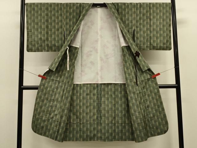 平和屋着物＃道中着　紬地　格子　ロング丈　正絹　逸品　CABL2900in