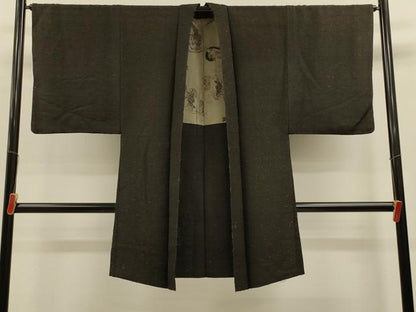 平和屋着物＃男性　長羽織　ひげ紬　黒地　正絹　逸品　CABL2911in