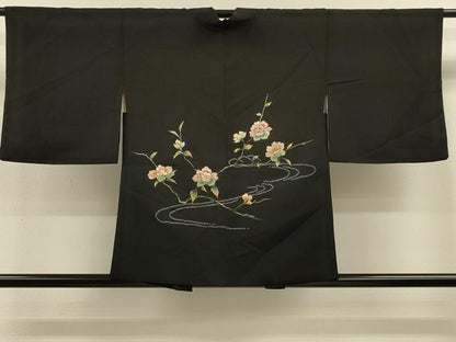 平和屋着物＃羽織 刺繍 流水枝花文 黒地 金糸 正絹 逸品 CABL2915in