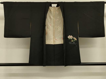 平和屋着物＃羽織 刺繍 流水枝花文 黒地 金糸 正絹 逸品 CABL2915in