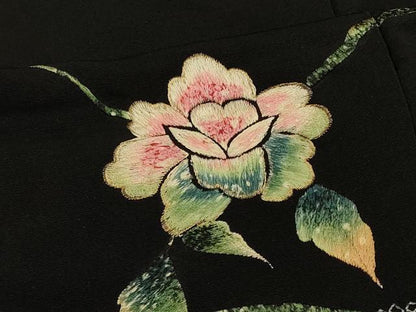平和屋着物＃羽織 刺繍 流水枝花文 黒地 金糸 正絹 逸品 CABL2915in