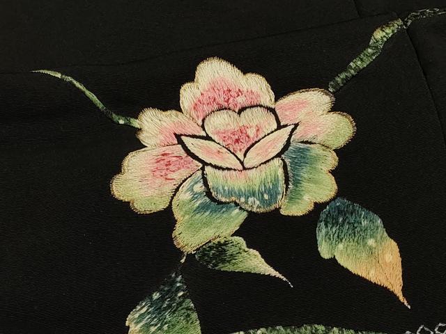 平和屋着物＃羽織 刺繍 流水枝花文 黒地 金糸 正絹 逸品 CABL2915in